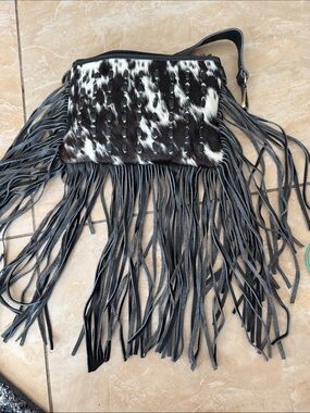 Western Linen Fringe crossbody black and white hide
